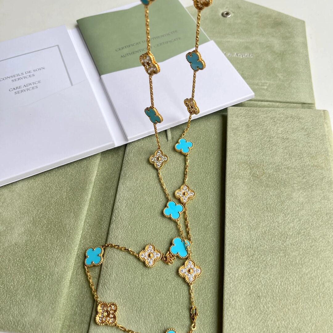 [Bling Jewelrys ]CLOVER 20 MOTIFS TURQUOISE DIAMOND NECKLACE