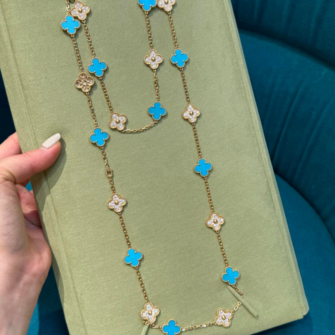 [Bling Jewelrys ]CLOVER 20 MOTIFS TURQUOISE DIAMOND NECKLACE