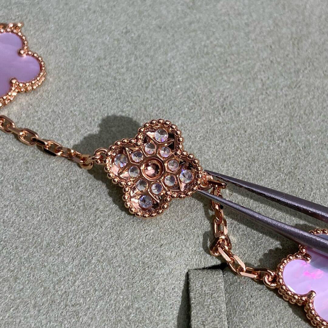 [Bling Jewelrys ]KLEEBLATT 10-MOTIV-DIAMANT-HALSKETTE MIT ROSA PERLMUTT