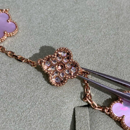[Bling Jewelrys ]KLEEBLATT 10-MOTIV-DIAMANT-HALSKETTE MIT ROSA PERLMUTT