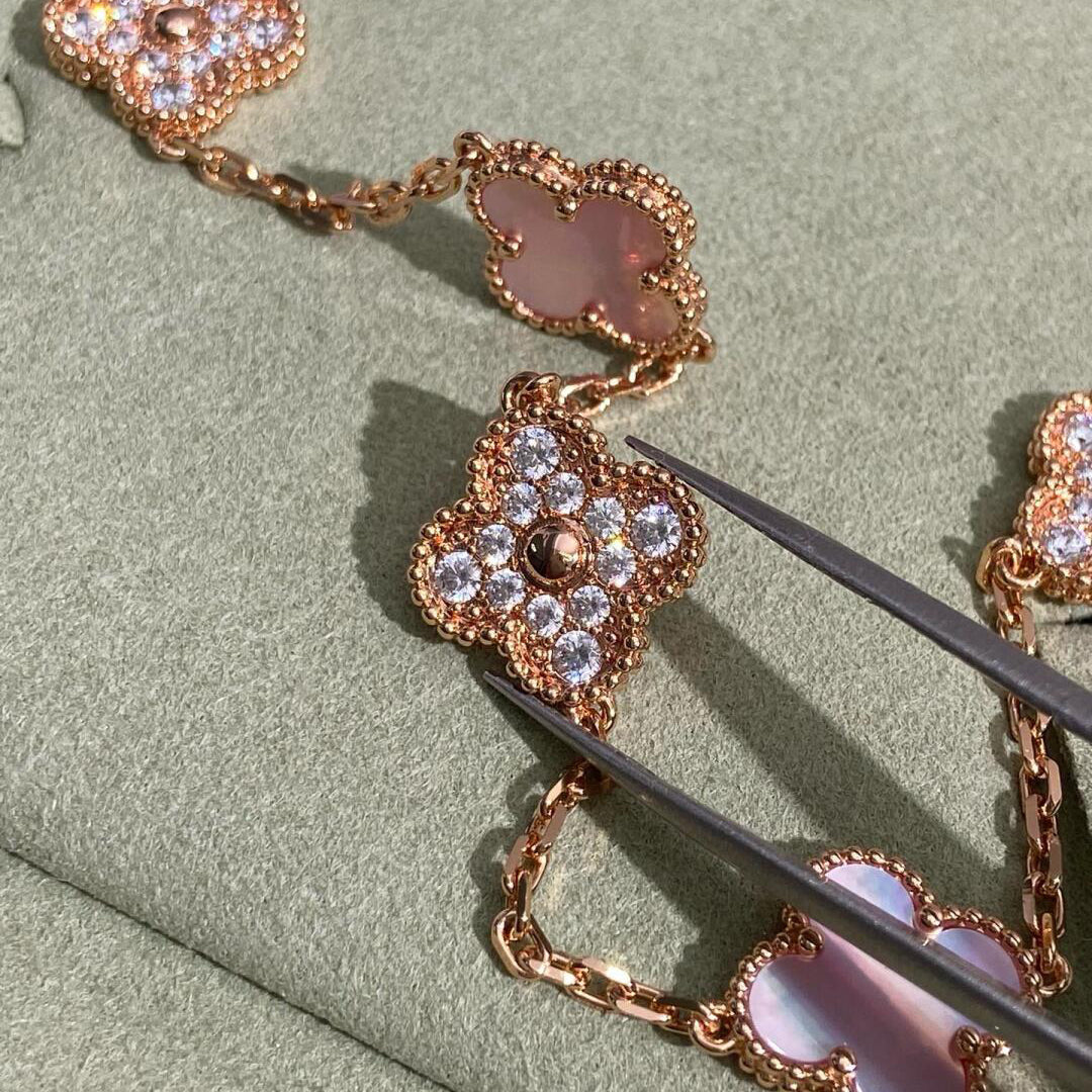 [Bling Jewelrys ]KLEEBLATT 10-MOTIV-DIAMANT-HALSKETTE MIT ROSA PERLMUTT