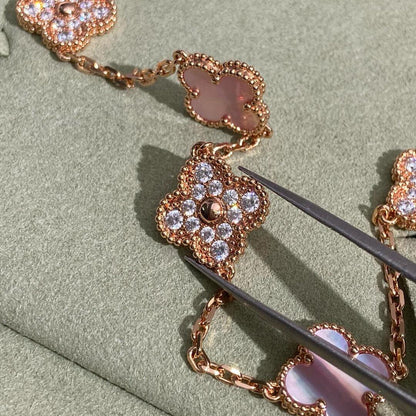 [Bling Jewelrys ]KLEEBLATT 10-MOTIV-DIAMANT-HALSKETTE MIT ROSA PERLMUTT