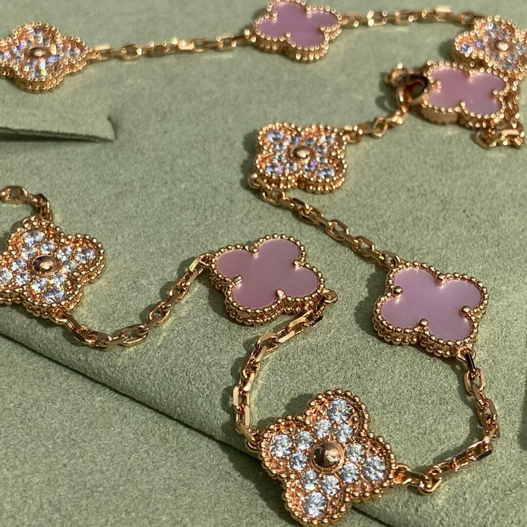 [Bling Jewelrys ]KLEEBLATT 10-MOTIV-DIAMANT-HALSKETTE MIT ROSA PERLMUTT