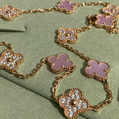 [Bling Jewelrys ]KLEEBLATT 10-MOTIV-DIAMANT-HALSKETTE MIT ROSA PERLMUTT