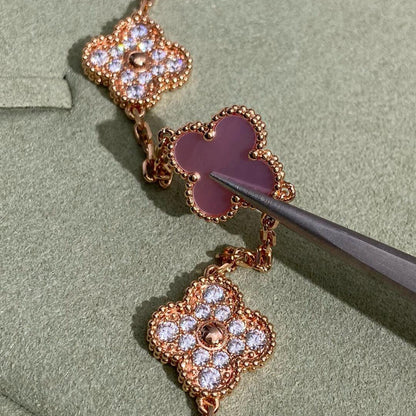 [Bling Jewelrys ]KLEEBLATT 10-MOTIV-DIAMANT-HALSKETTE MIT ROSA PERLMUTT