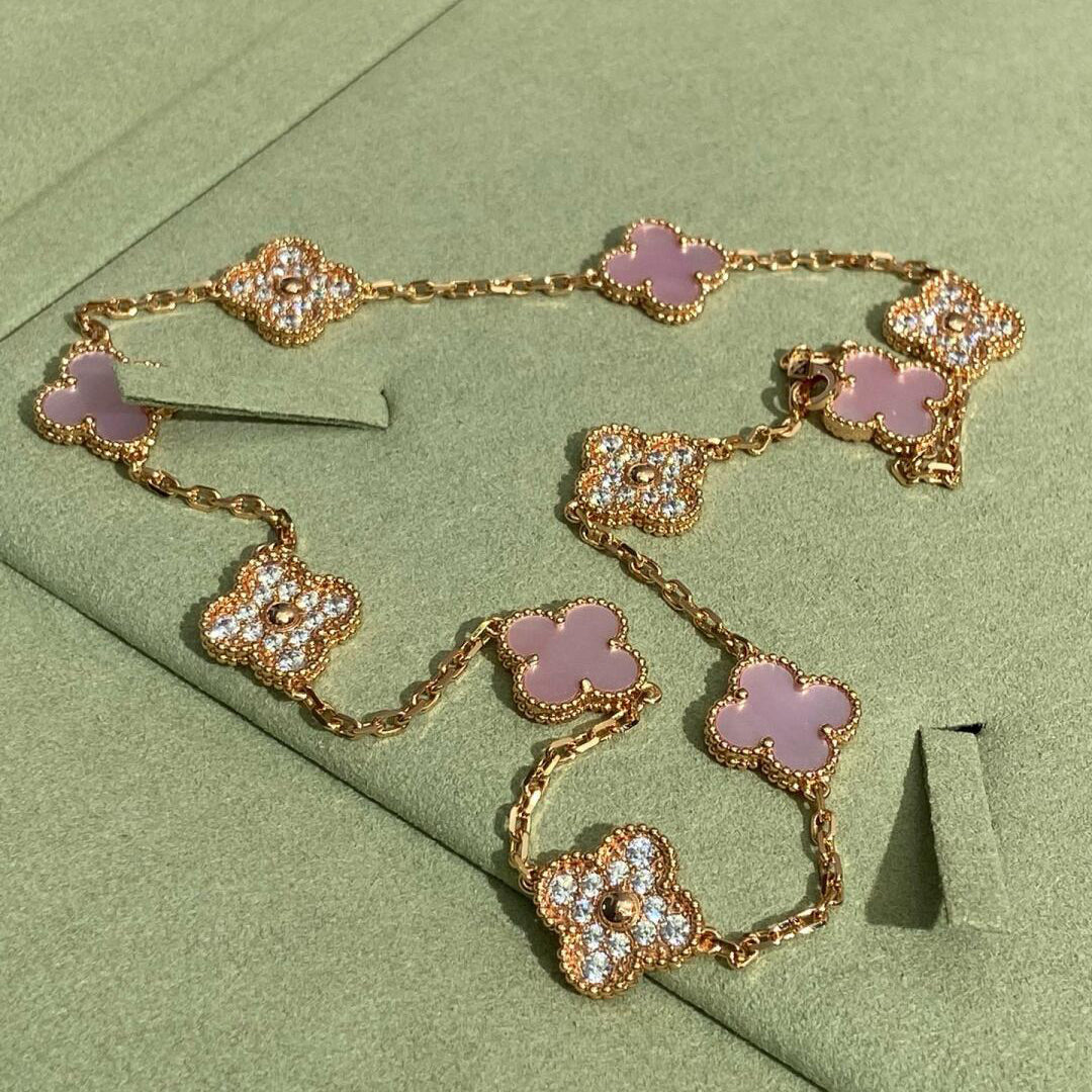 [Bling Jewelrys ]KLEEBLATT 10-MOTIV-DIAMANT-HALSKETTE MIT ROSA PERLMUTT