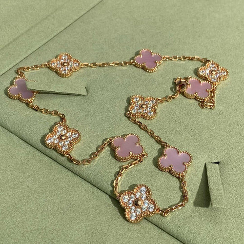 [Bling Jewelrys ]KLEEBLATT 10-MOTIV-DIAMANT-HALSKETTE MIT ROSA PERLMUTT