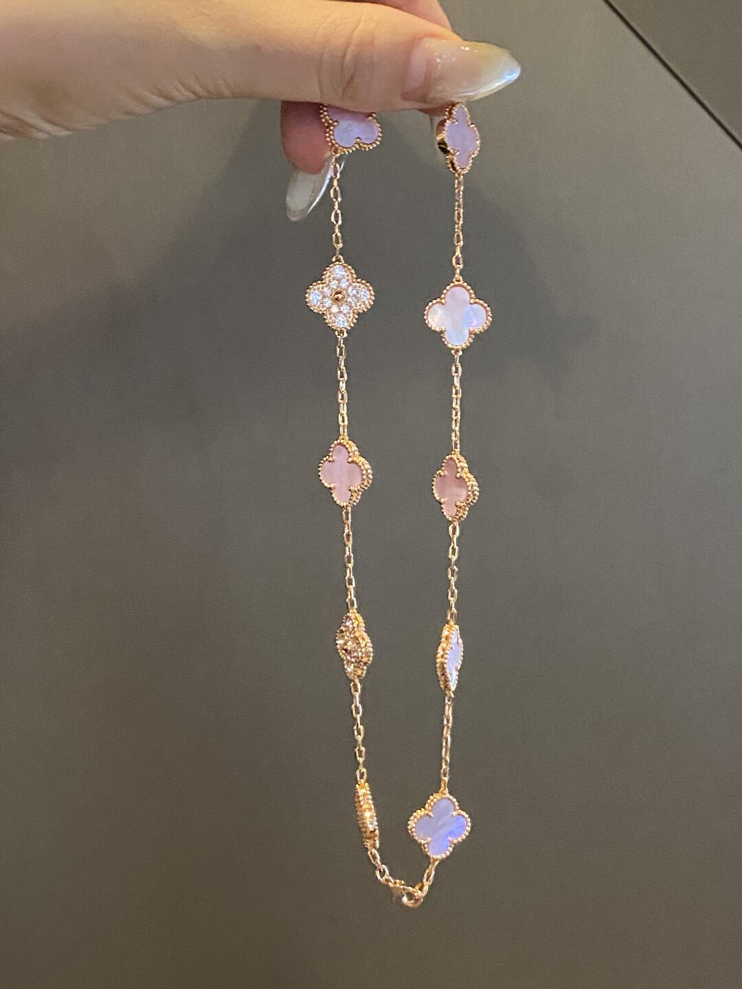 [Bling Jewelrys ]KLEEBLATT 10-MOTIV-DIAMANT-HALSKETTE MIT ROSA PERLMUTT