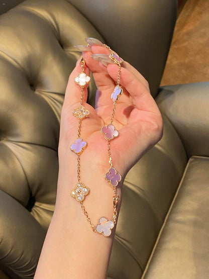 [Bling Jewelrys ]KLEEBLATT 10-MOTIV-DIAMANT-HALSKETTE MIT ROSA PERLMUTT