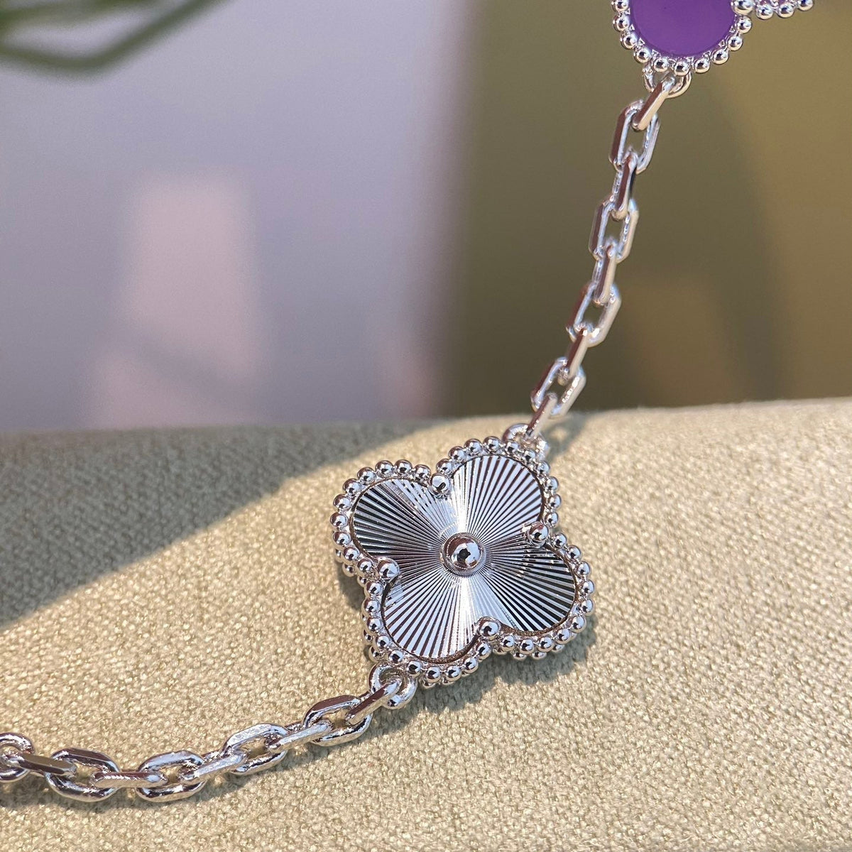 [Bling Jewelrys ]CLOVER  5 MOTIFS  PURPLE VIOLET BRACELET SILVER