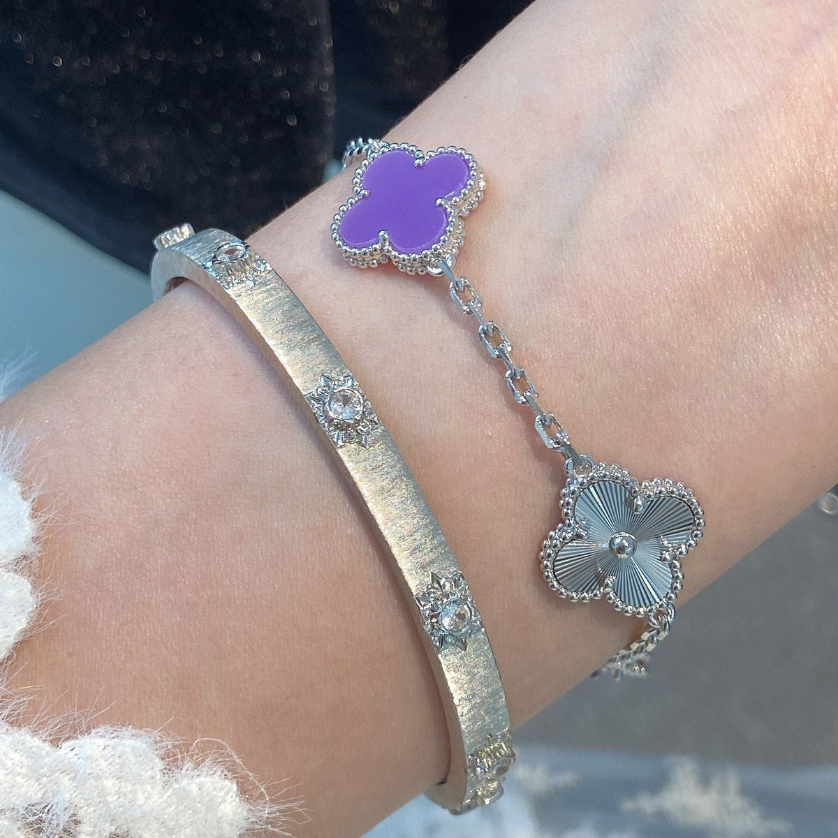 [Bling Jewelrys ]CLOVER  5 MOTIFS  PURPLE VIOLET BRACELET SILVER