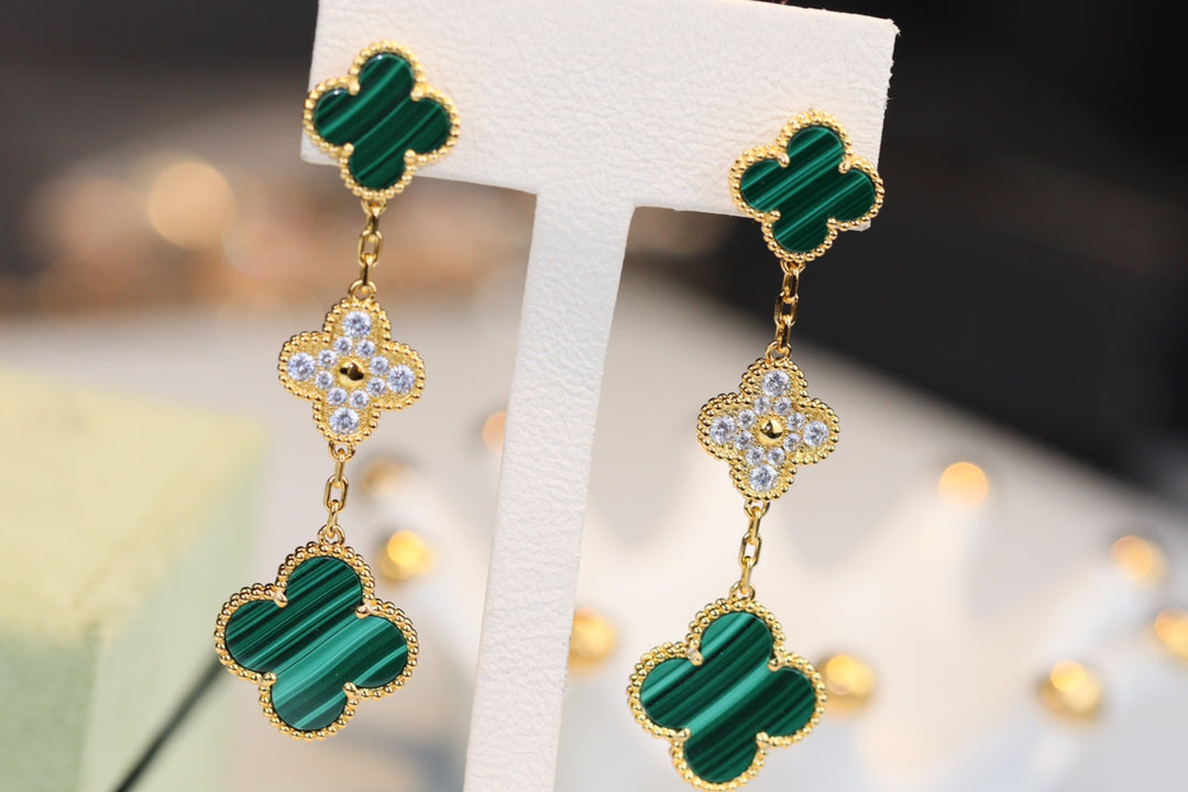 [Bling Jewelrys] KLEEBATT-OHRRINGE GOLD MALACHIT DIAMANT 3 MOTIVE