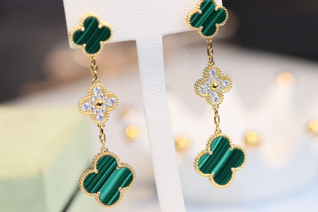 [Bling Jewelrys] KLEEBATT-OHRRINGE GOLD MALACHIT DIAMANT 3 MOTIVE