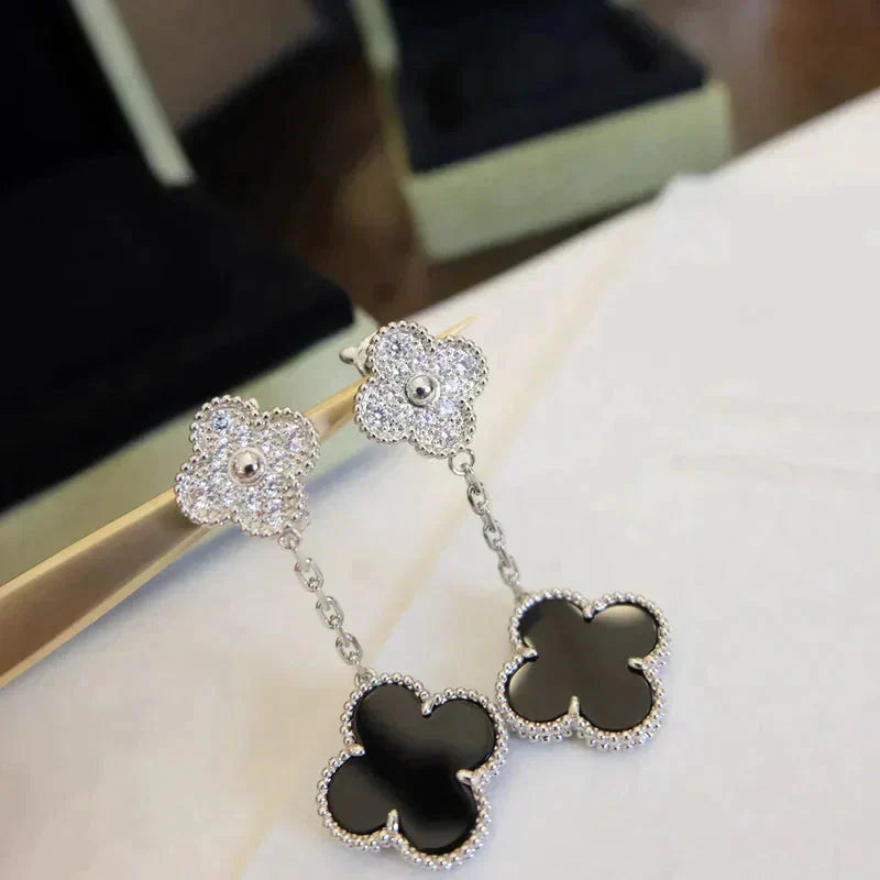 [Bling Jewelrys ]CLOVER 2 MOTIFS  DIAMOND ONYX EARRINGS SILVER