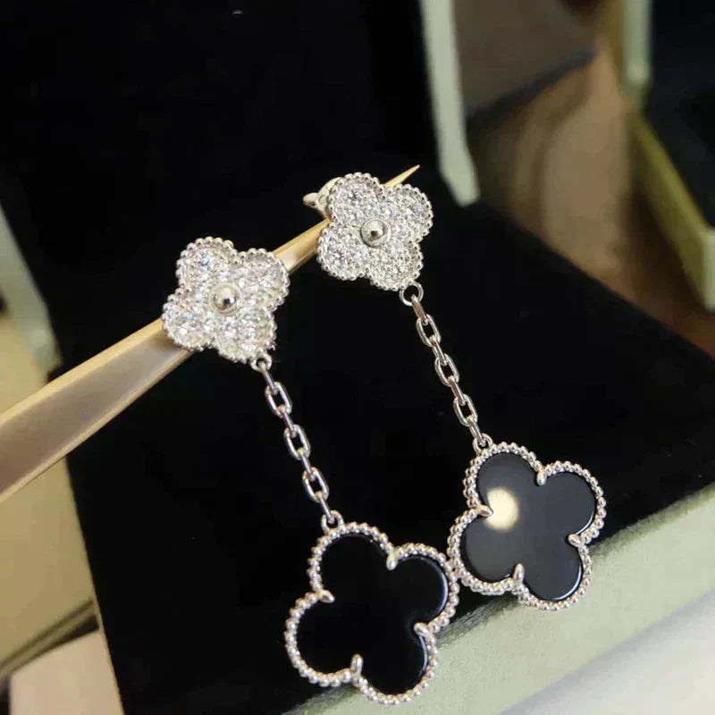 [Bling Jewelrys ]CLOVER 2 MOTIFS  DIAMOND ONYX EARRINGS SILVER
