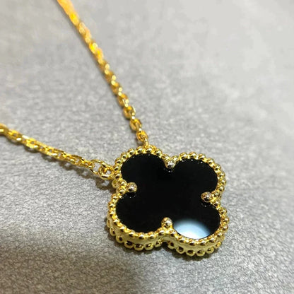 [Bling Jewelrys ]CLOVER 15MM BLACK ONYX SINGLE FLOWER NECKLACE