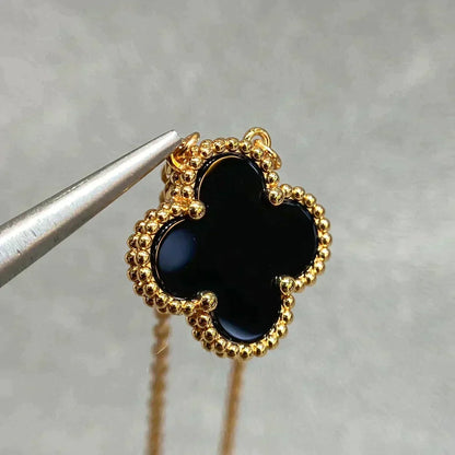 [Bling Jewelrys ]CLOVER 15MM BLACK ONYX SINGLE FLOWER NECKLACE