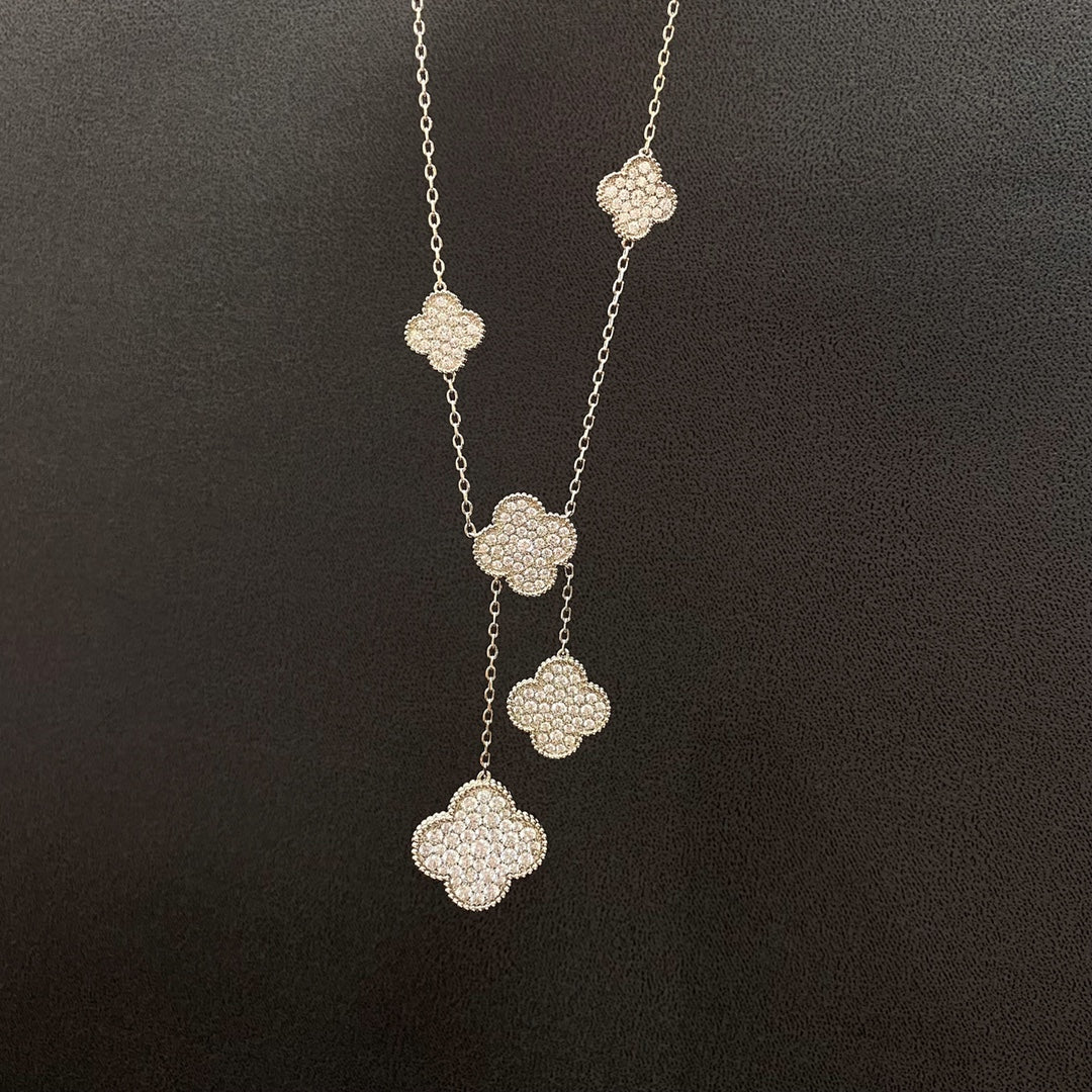 [Bling Jewelrys ]CLOVER 5 MOTIFS SILVER DIAMONDS NECKLACE