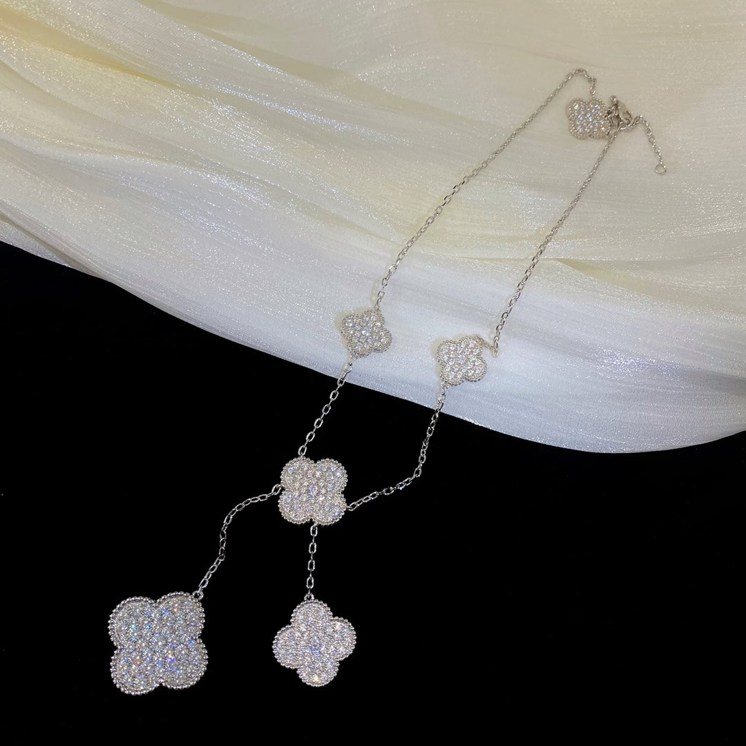 [Bling Jewelrys ]CLOVER 5 MOTIFS SILVER DIAMONDS NECKLACE