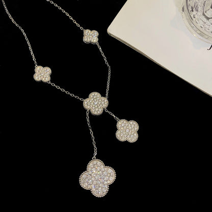 [Bling Jewelrys ]CLOVER 5 MOTIFS SILVER DIAMONDS NECKLACE