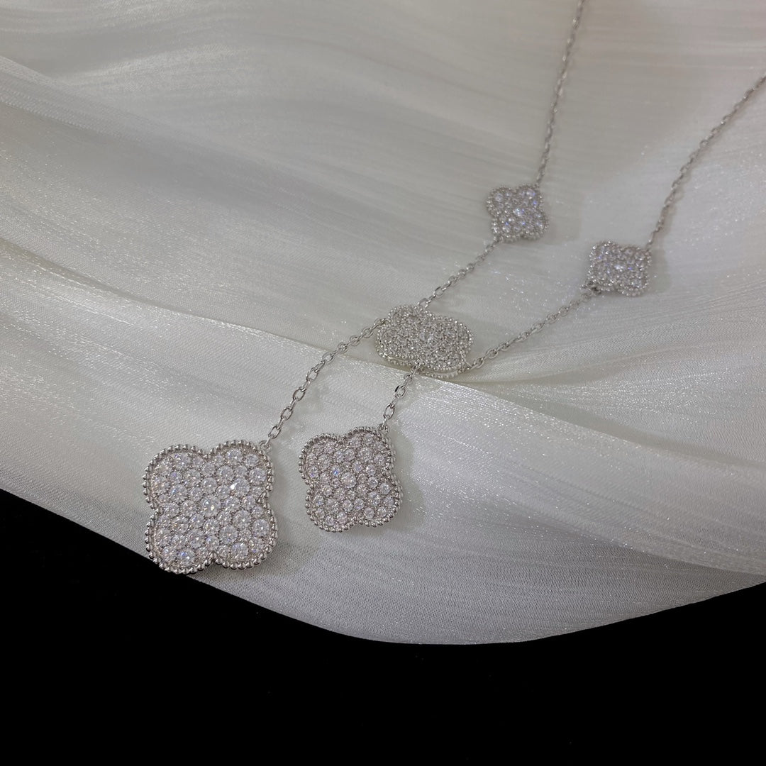 [Bling Jewelrys ]CLOVER 5 MOTIFS SILVER DIAMONDS NECKLACE