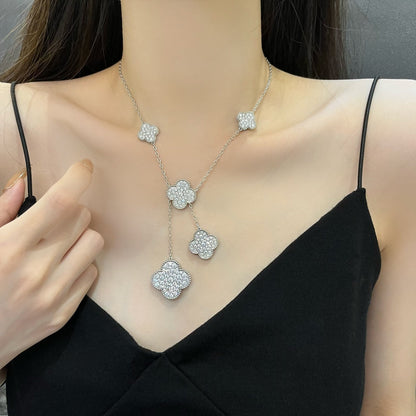 [Bling Jewelrys ]CLOVER 5 MOTIFS SILVER DIAMONDS NECKLACE