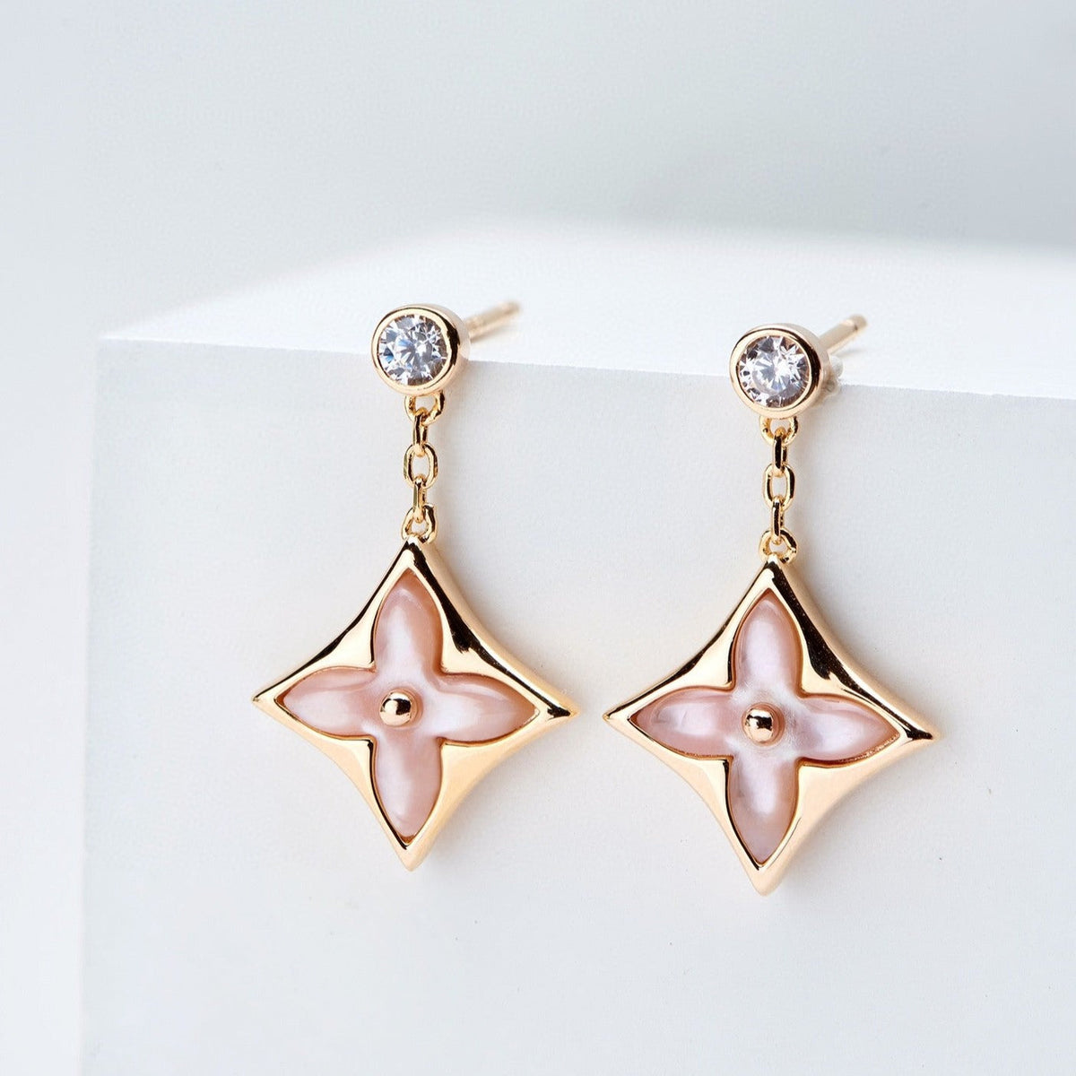 [Bling Jewelrys ]DOUBLE STAR PINK GOLD MOP DROP EARRINGS