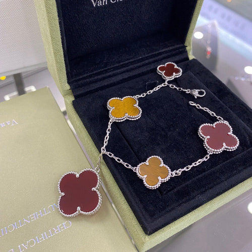 [Bling Jewelrys ]CLOVER 5 MOTIFS SIVLER CARNELIAN TIGER EYE BRACELET
