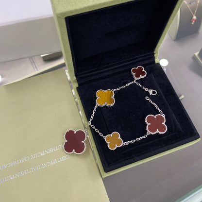 [Bling Jewelrys ]CLOVER 5 MOTIFS SIVLER CARNELIAN TIGER EYE BRACELET