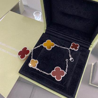 [Bling Jewelrys ]CLOVER 5 MOTIFS SIVLER CARNELIAN TIGER EYE BRACELET
