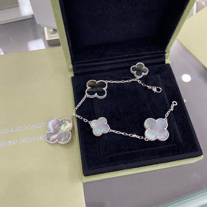 [Bling Jewelrys ]CLOVER 5 MOTIFS SIVLER DARK MOP BRACELET