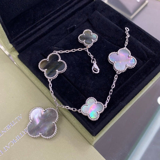 [Bling Jewelrys ]CLOVER 5 MOTIFS SIVLER DARK MOP BRACELET