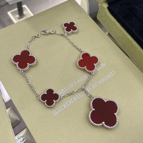 [Bling Jewelrys ]CLOVER 5 MOTIFS SIVLER CARNELIAN BRACELET