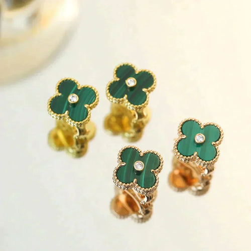 [Bling Jewelrys ]CLOVER MEDIUM 1 MOTIFS MALACHITE DIAMOND EARRINGS