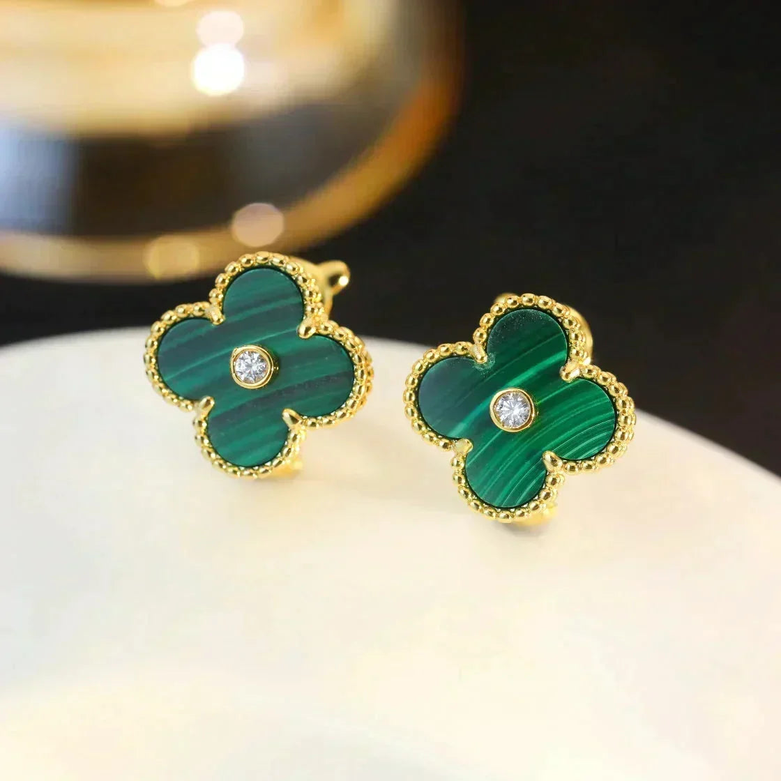 [Bling Jewelrys ]CLOVER MEDIUM 1 MOTIFS MALACHITE DIAMOND EARRINGS
