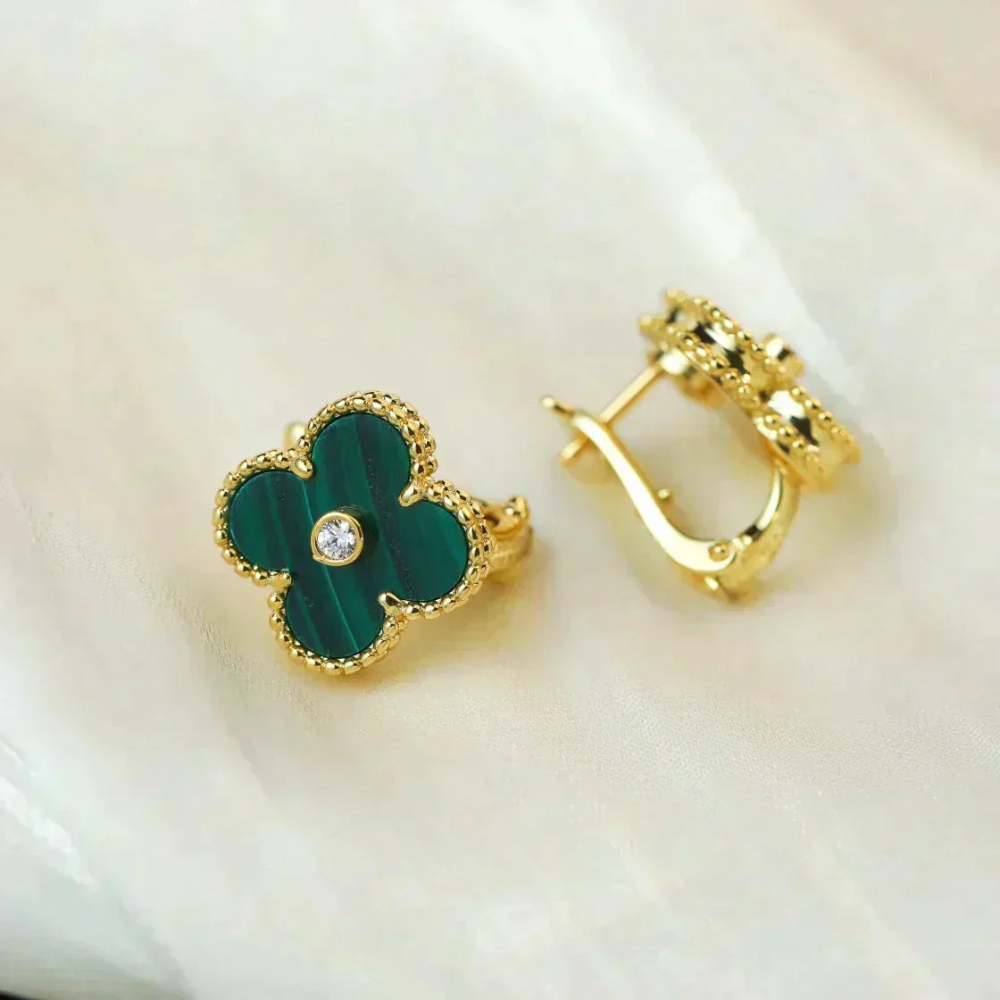 [Bling Jewelrys ]CLOVER MEDIUM 1 MOTIFS MALACHITE DIAMOND EARRINGS