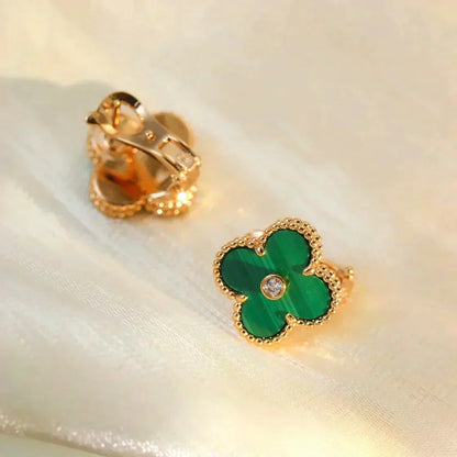 [Bling Jewelrys ]CLOVER MEDIUM 1 MOTIFS MALACHITE DIAMOND EARRINGS