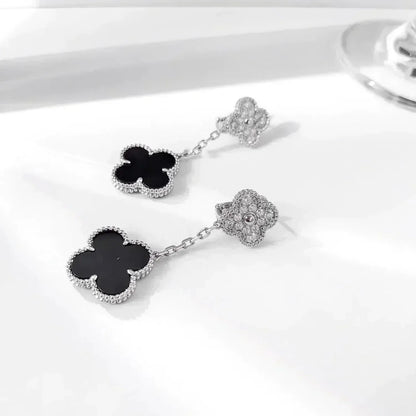 [Bling Jewelrys ]CLOVER 2 MOTIFS  DIAMOND ONYX EARRINGS SILVER
