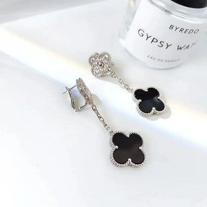 [Bling Jewelrys ]CLOVER 2 MOTIFS  DIAMOND ONYX EARRINGS SILVER