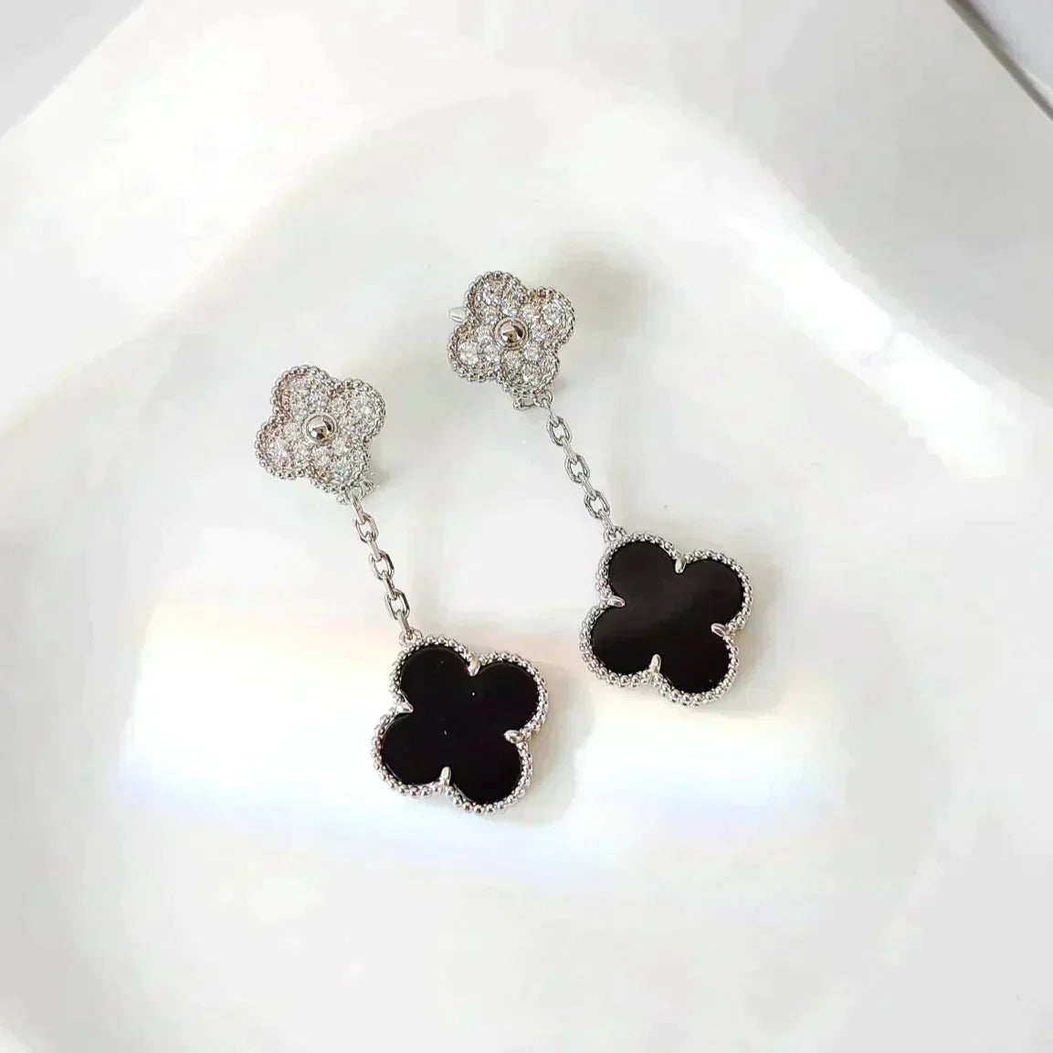 [Bling Jewelrys ]CLOVER 2 MOTIFS  DIAMOND ONYX EARRINGS SILVER