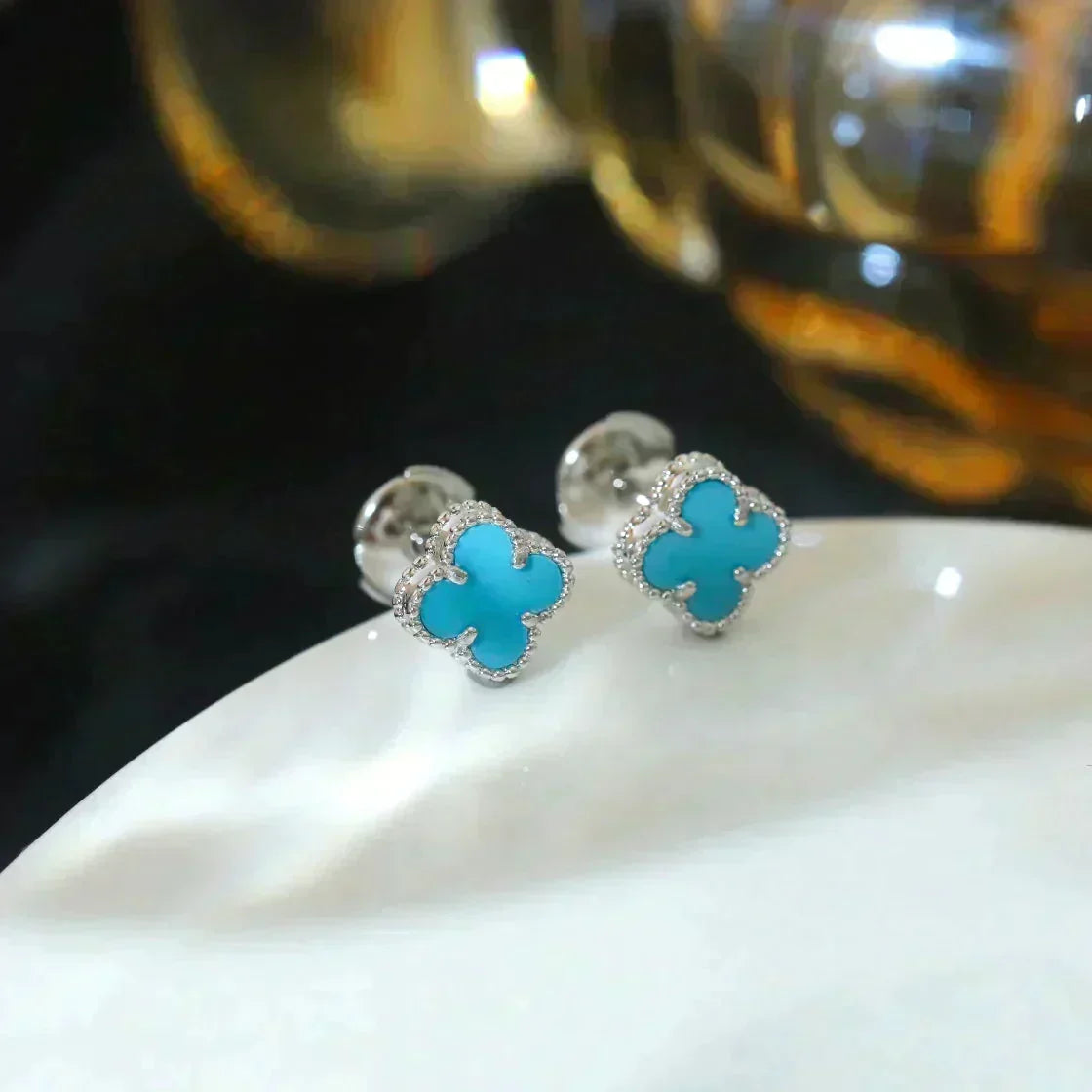 [Bling Jewelrys ]CLOVER MINI 9.5MM ONYX STUD EARRINGS SILVER