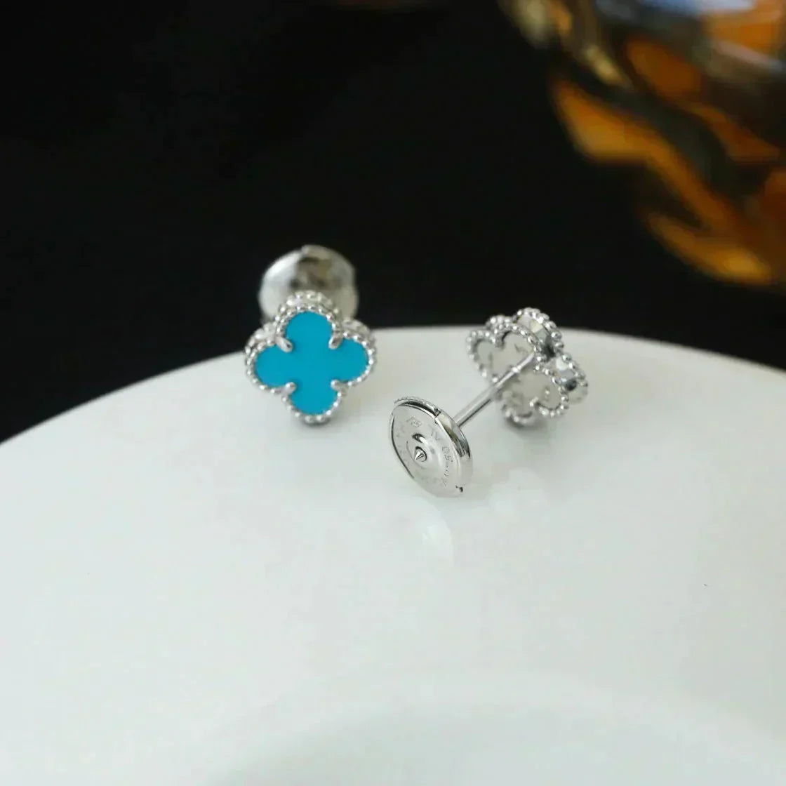 [Bling Jewelrys ]CLOVER MINI 9.5MM ONYX STUD EARRINGS SILVER