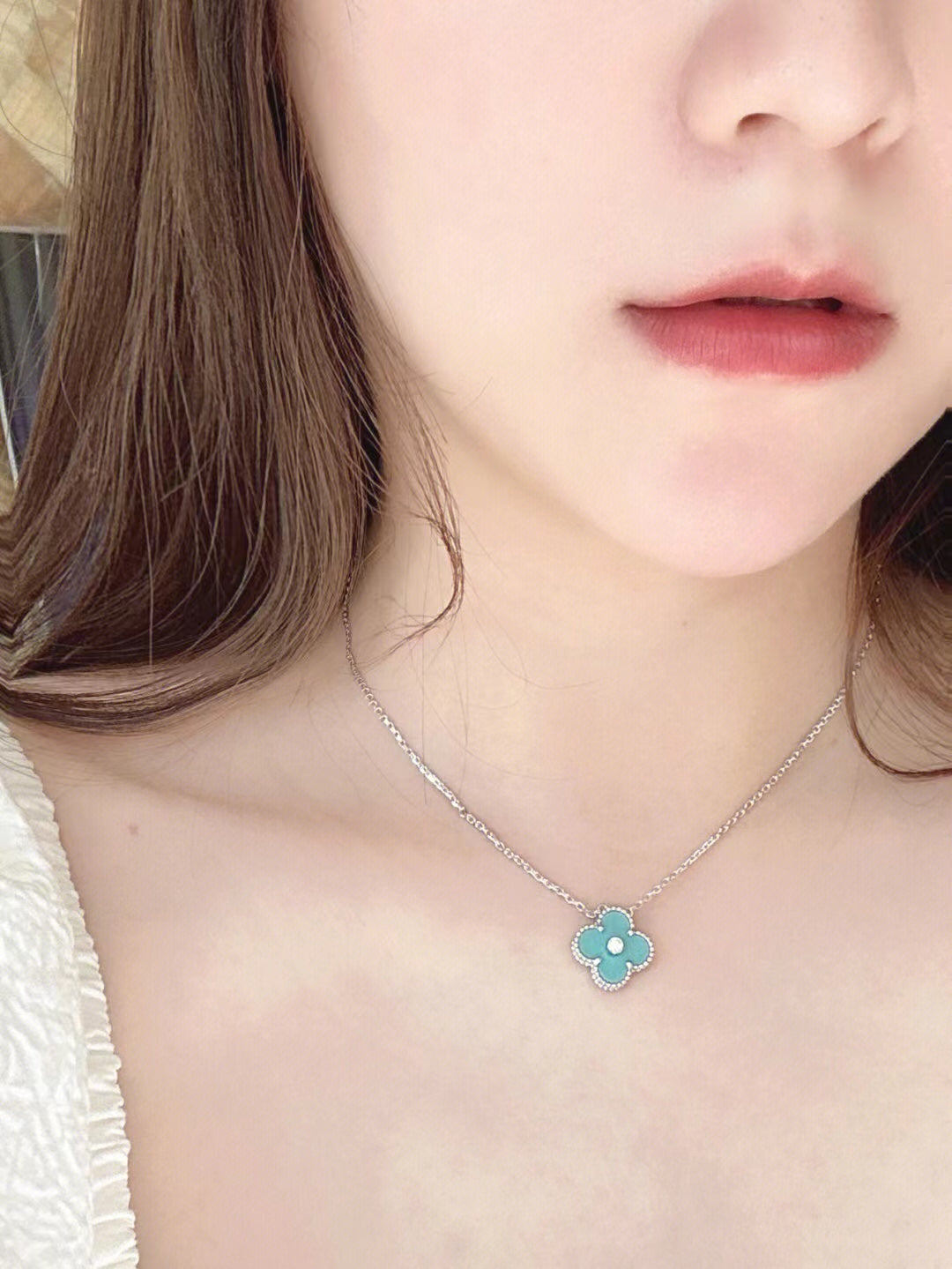 [Bling Jewelrys ]CLOVER 1 DIAMOND LIGHT BLUE SILVER NECKLACE