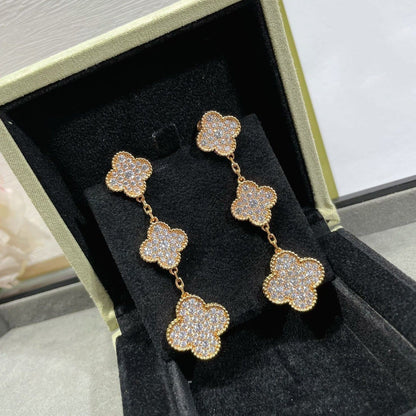 [Bling Jewelrys ]CLOVER 3 MOTIFS DIAMOND PAVED ROSE GOLD EARRINGS