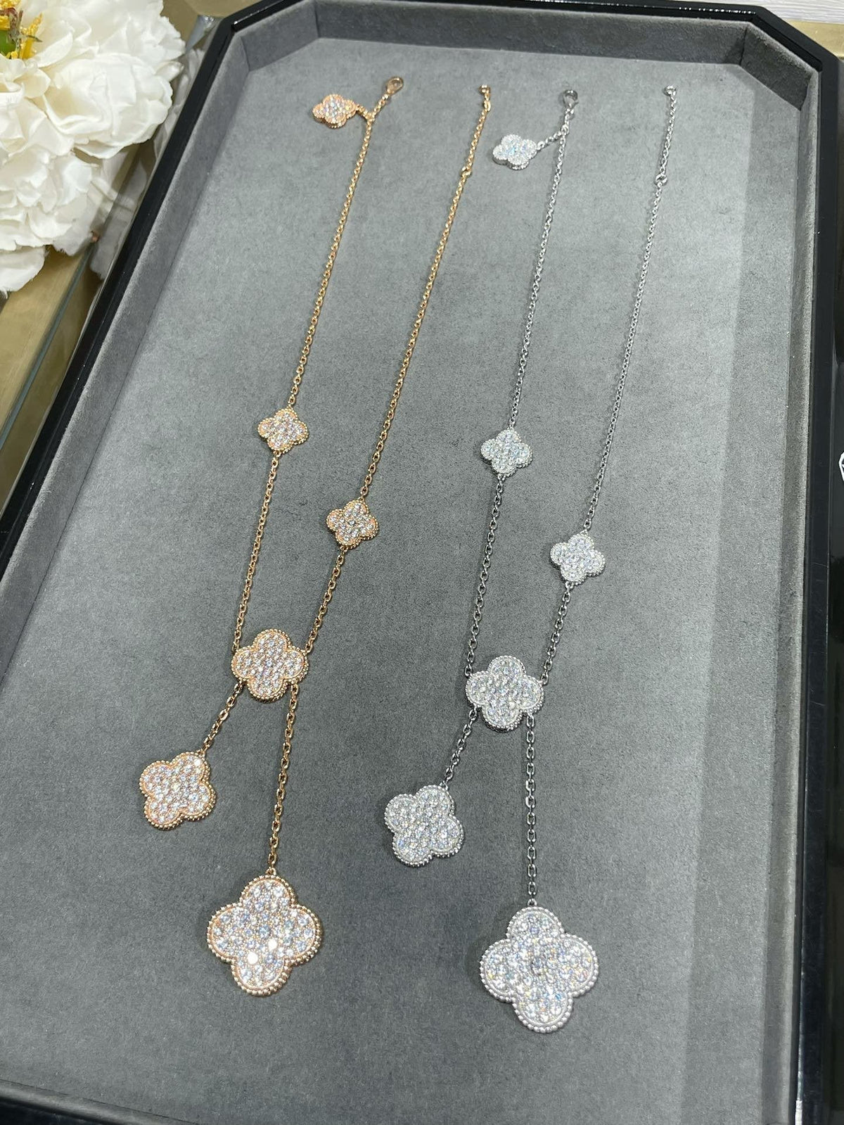 [Bling Jewelrys ]CLOVER 6 MOTIF DIAMOND PAVED NECKLACE