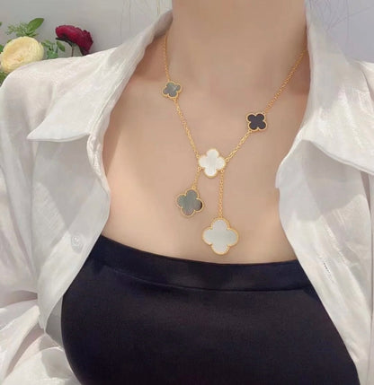 [Bling Jewelrys ]CLOVER 6 MOTIF MOP ONYX GOLD NECKLACE