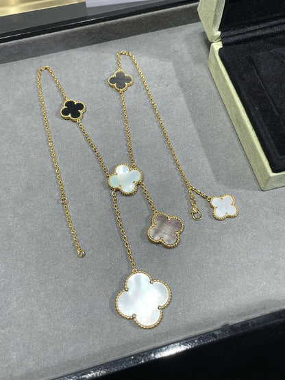 [Bling Jewelrys ]CLOVER 6 MOTIF MOP ONYX GOLD NECKLACE
