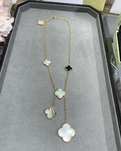 [Bling Jewelrys ]CLOVER 6 MOTIF MOP ONYX GOLD NECKLACE