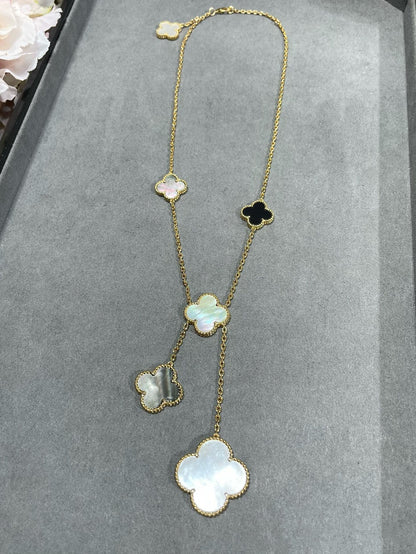 [Bling Jewelrys ]CLOVER 6 MOTIF MOP ONYX GOLD NECKLACE