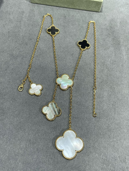 [Bling Jewelrys ]CLOVER 6 MOTIF MOP ONYX GOLD NECKLACE